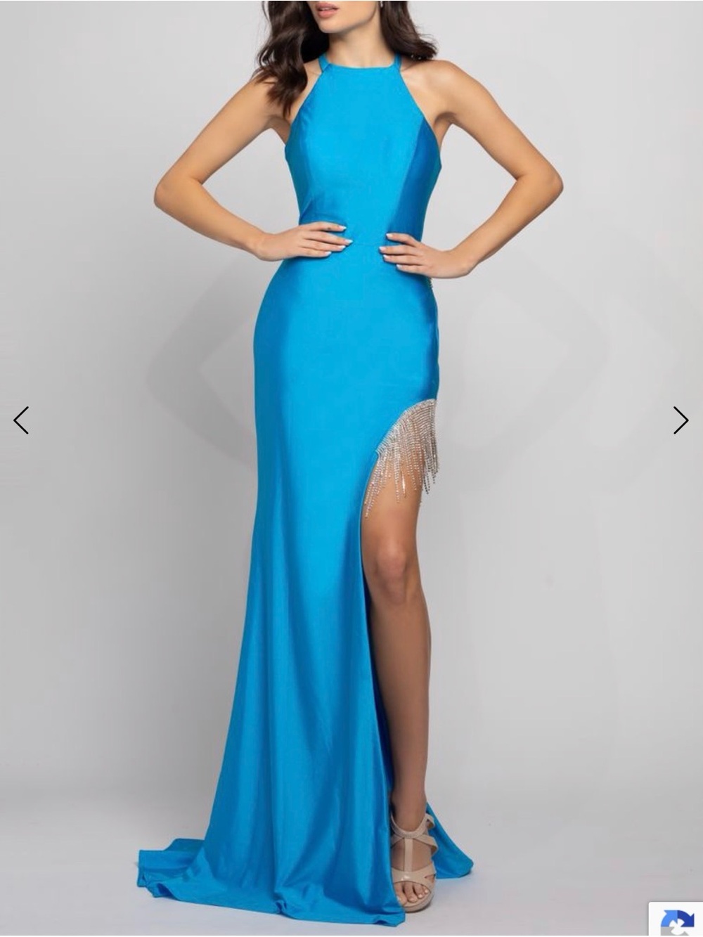 Elegant Sophia Thomas Turquoise Halter Evening Gown with Rhinestone Fringe